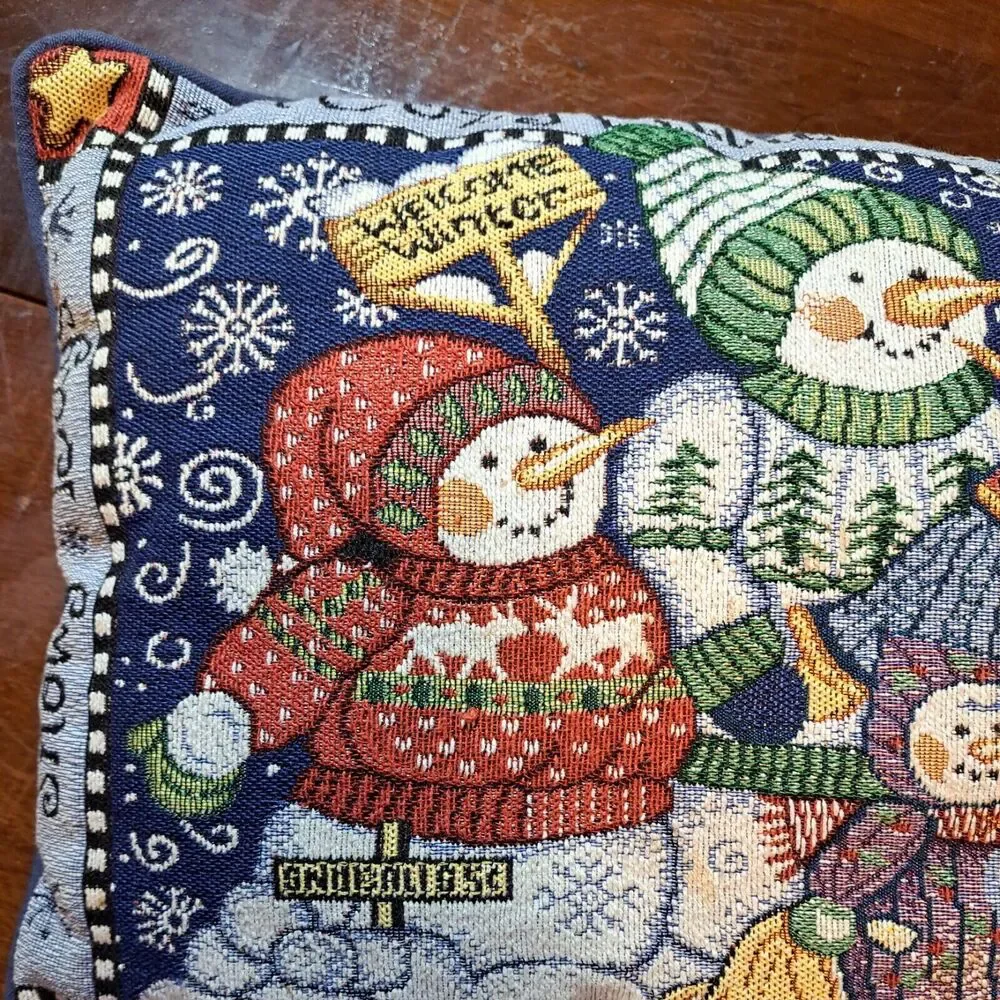 Christmas Pillow Snowman Family Blue 12x18 Inches Winter Holidays Decorative